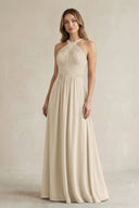 Cross Halter A - Line Pleated Bridesmaid Dress in Champagne - SHE IS ME Bridesmaid Dresses