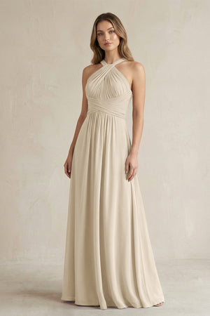 Cross Halter A - Line Pleated Bridesmaid Dress in Champagne - SHE IS ME Bridesmaid Dresses