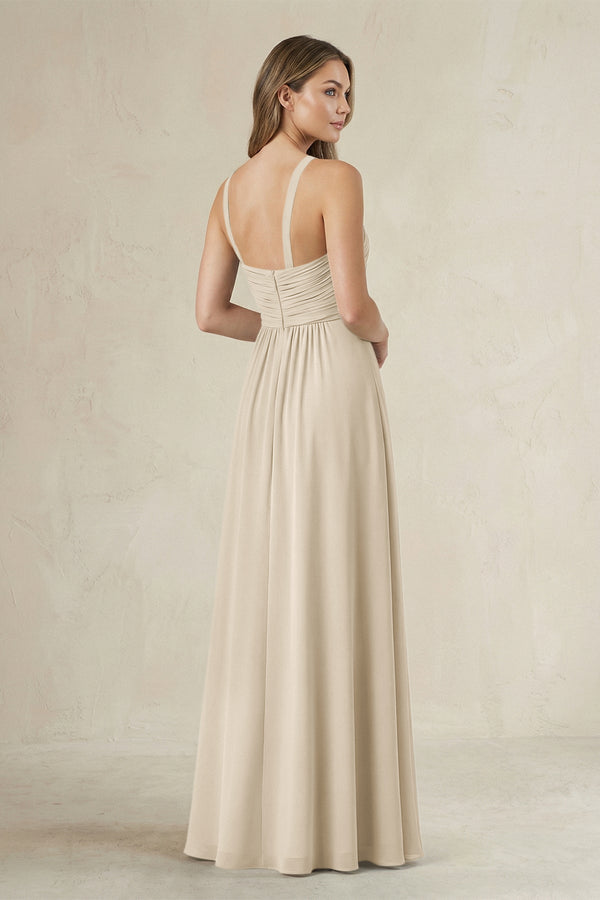 Cross Halter A - Line Pleated Bridesmaid Dress in Champagne - SHE IS ME Bridesmaid Dresses