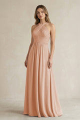 Cross Halter A - Line Pleated Bridesmaid Dress in Champagne Rose - KISS BRIDAL Bridesmaid Dresses