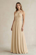 Cross Halter A-Line Pleated Bridesmaid Dress in Champagne | KISSBRIDAL