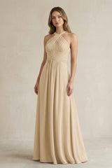 Cross Halter A-Line Pleated Bridesmaid Dress in Champagne | KISSBRIDAL