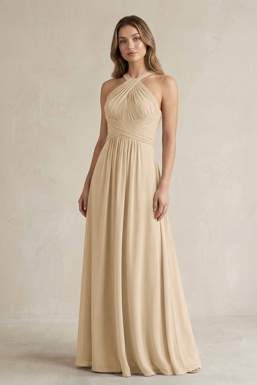 Cross Halter A-Line Pleated Bridesmaid Dress in Champagne | KISSBRIDAL