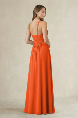 Cross Halter A-Line Pleated Bridesmaid Dress in Cinnamon (2) | KISSBRIDAL