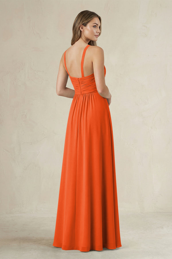 Cross Halter A-Line Pleated Bridesmaid Dress in Cinnamon (2) | KISSBRIDAL