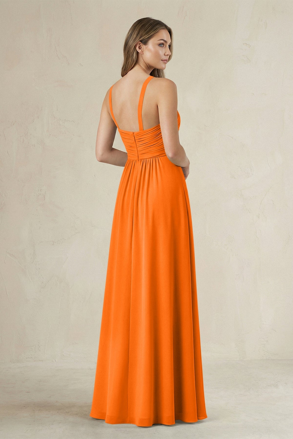 Cross Halter A - Line Pleated Bridesmaid Dress in Cinnamon - KISS BRIDAL Bridesmaid Dresses