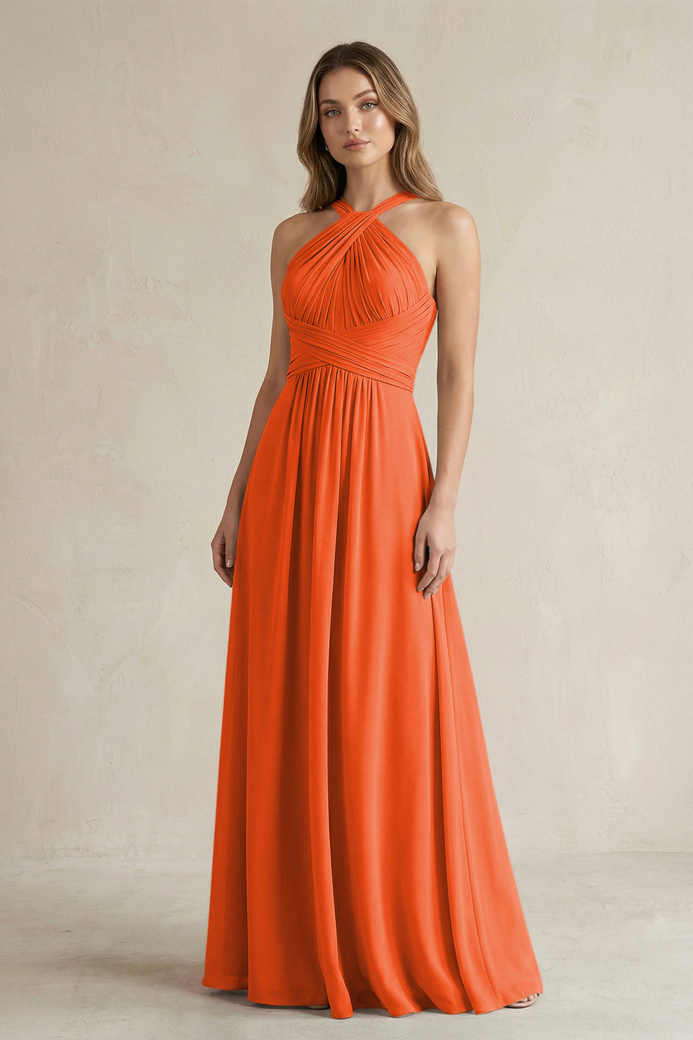 Cross Halter A-Line Pleated Bridesmaid Dress in Cinnamon
