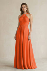 Cross Halter A-Line Pleated Bridesmaid Dress in Cinnamon | KISSBRIDAL