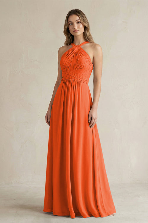 Cross Halter A-Line Pleated Bridesmaid Dress in Cinnamon | KISSBRIDAL