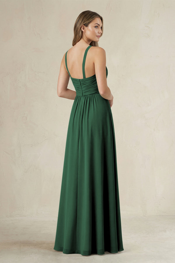 Cross Halter A-Line Pleated Bridesmaid Dress in Dark Green (2) | KISSBRIDAL