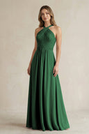 Cross Halter A - Line Pleated Bridesmaid Dress in Dark Green - SHE IS ME Bridesmaid Dresses