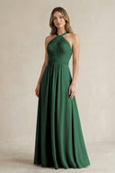 Cross Halter A-Line Pleated Bridesmaid Dress in Dark Green | KISSBRIDAL