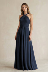Cross Halter A - Line Pleated Bridesmaid Dress in Dark Navy - KISS BRIDAL Bridesmaid Dresses
