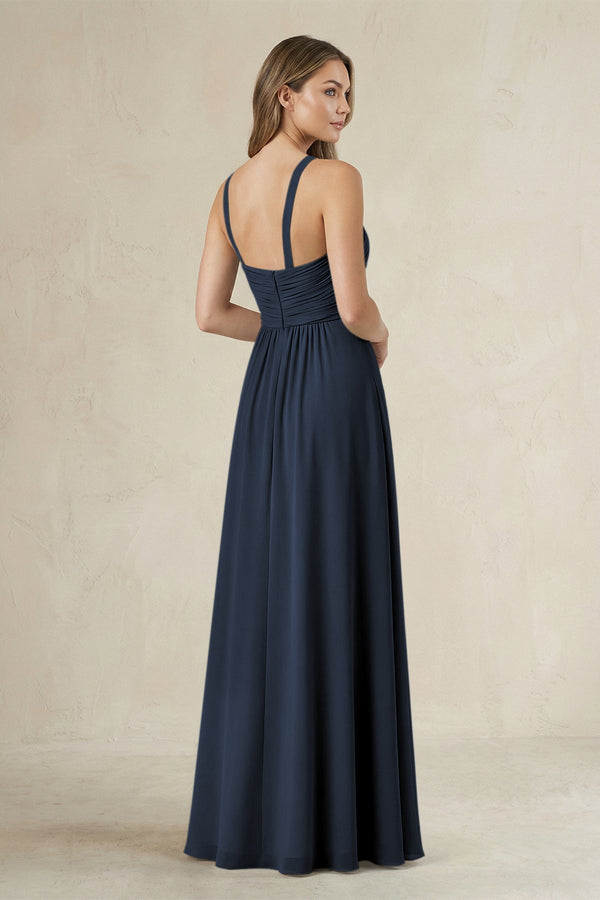 Cross Halter A - Line Pleated Bridesmaid Dress in Dark Navy - SHE IS ME Bridesmaid Dresses