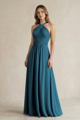 Cross Halter A - Line Pleated Bridesmaid Dress in Dark Teal - KISS BRIDAL Bridesmaid Dresses