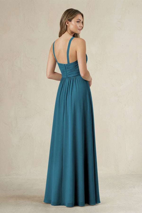 Cross Halter A - Line Pleated Bridesmaid Dress in Dark Teal - SHE IS ME Bridesmaid Dresses