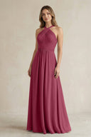 Cross Halter A - Line Pleated Bridesmaid Dress in Desert Rose - SHE IS ME Bridesmaid Dresses