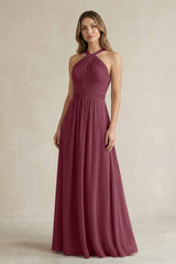 Cross Halter A-Line Pleated Bridesmaid Dress in Desert Rose | KISSBRIDAL