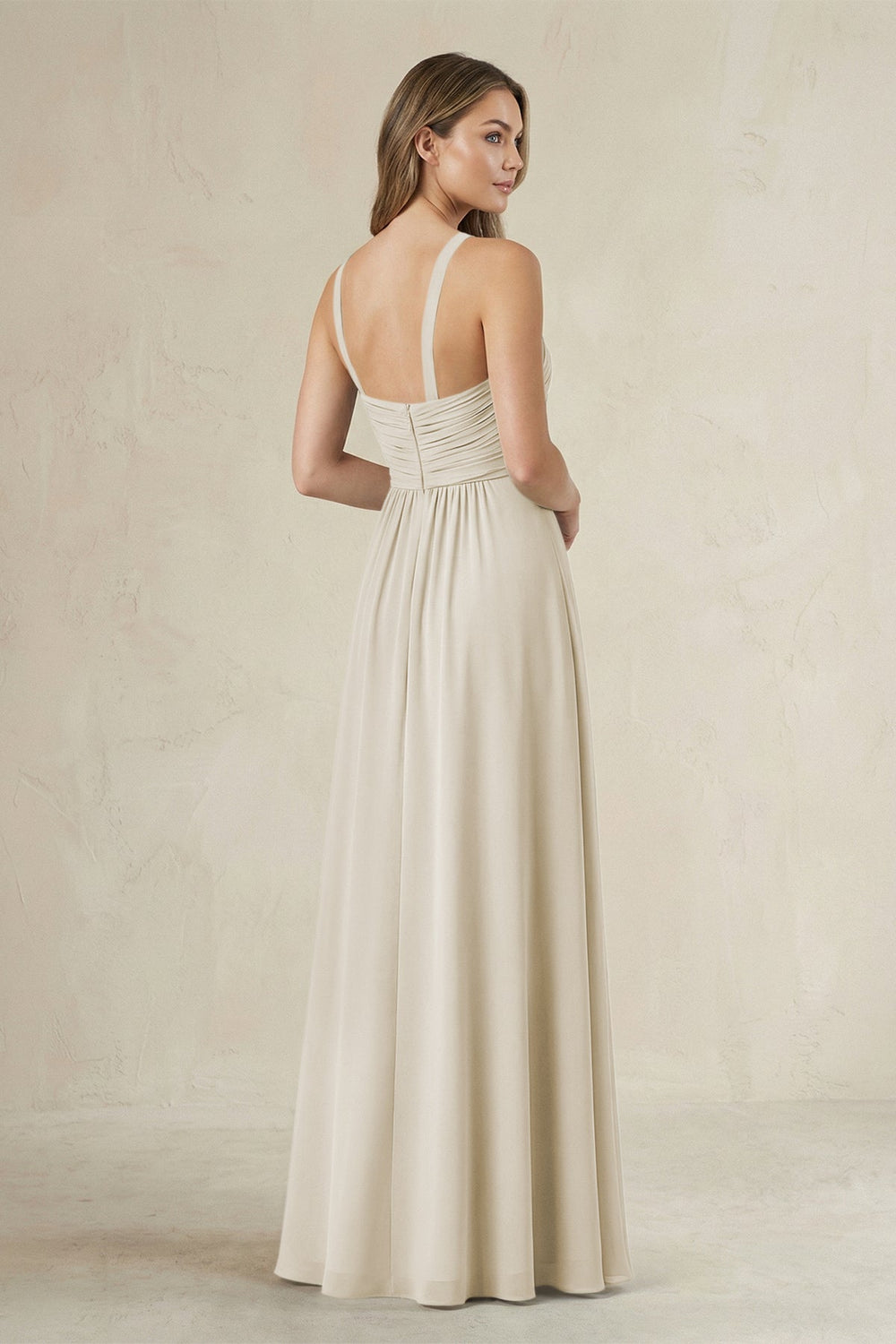 Cross Halter A - Line Pleated Bridesmaid Dress in Dove Gray - KISS BRIDAL Bridesmaid Dresses