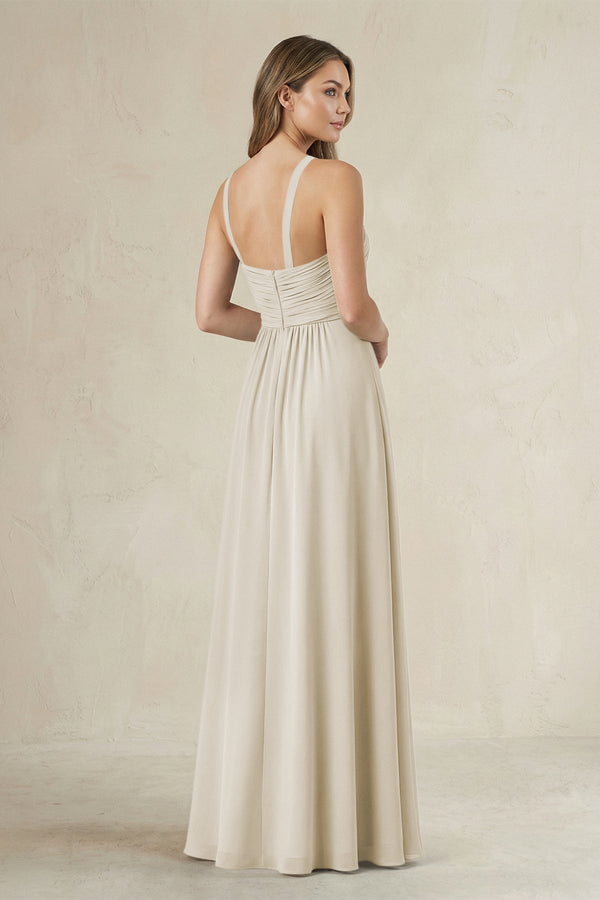 Cross Halter A - Line Pleated Bridesmaid Dress in Dove Gray - SHE IS ME Bridesmaid Dresses