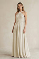 Cross Halter A - Line Pleated Bridesmaid Dress in Dove Gray - SHE IS ME Bridesmaid Dresses