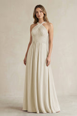 Cross Halter A - Line Pleated Bridesmaid Dress in Dove Gray - KISS BRIDAL Bridesmaid Dresses
