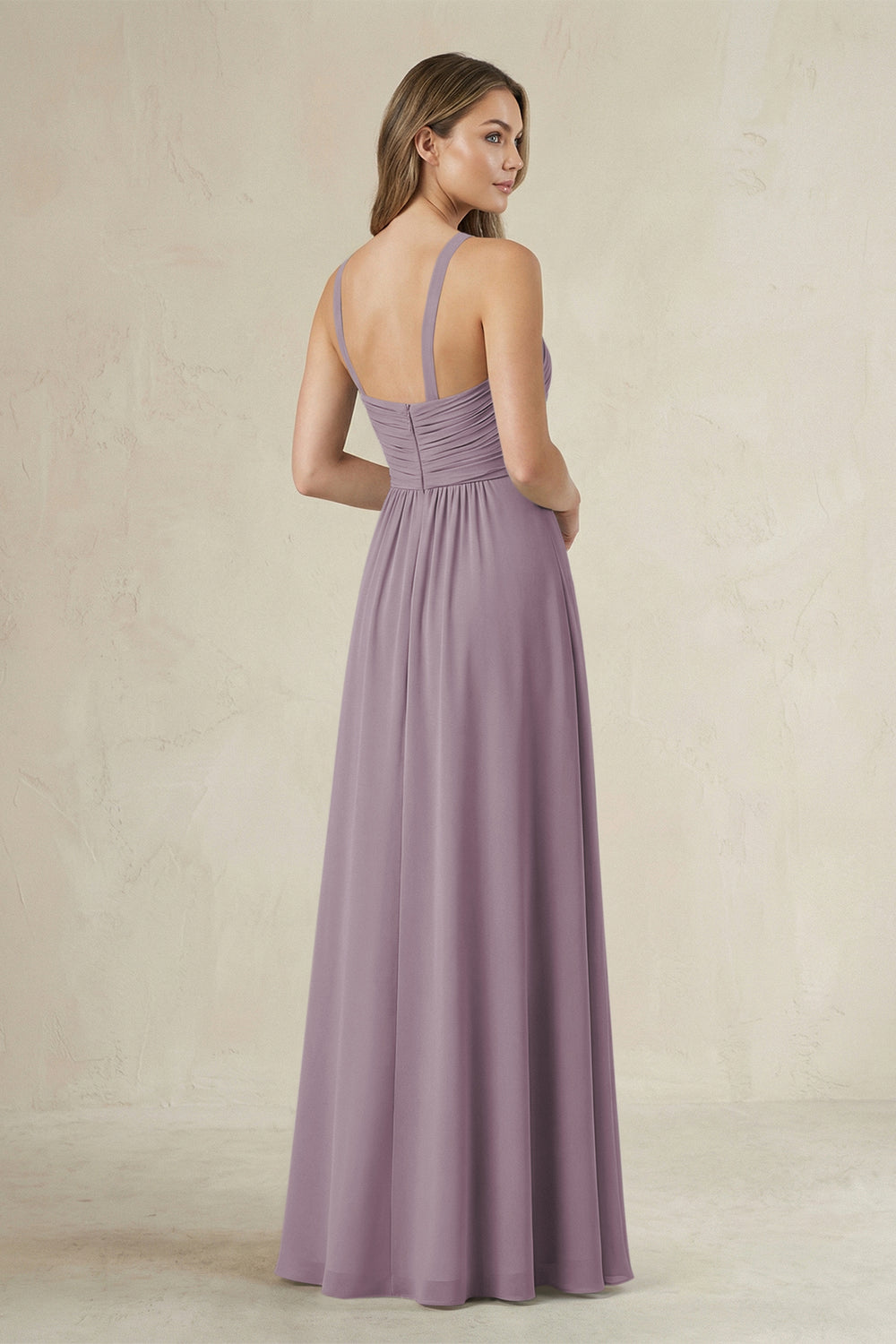 Cross Halter A-Line Pleated Bridesmaid Dress in Dusk