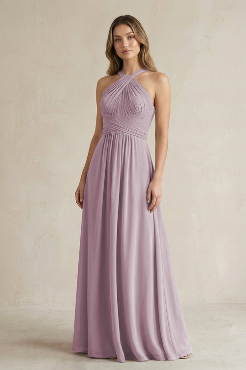 Cross Halter A - Line Pleated Bridesmaid Dress in Dusk - SHE IS ME Bridesmaid Dresses