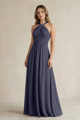 Cross Halter A - Line Pleated Bridesmaid Dress in Dusk Blue - KISS BRIDAL Bridesmaid Dresses