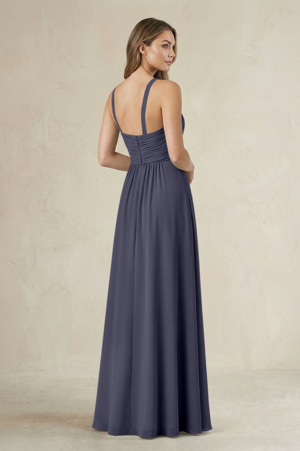Cross Halter A - Line Pleated Bridesmaid Dress in Dusk Blue - KISS BRIDAL Bridesmaid Dresses