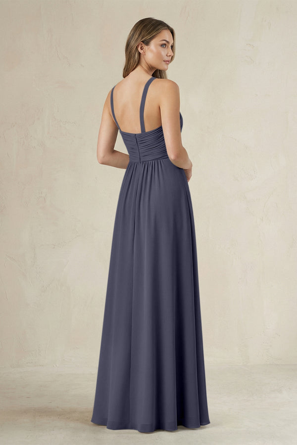 Cross Halter A - Line Pleated Bridesmaid Dress in Dusk Blue - SHE IS ME Bridesmaid Dresses