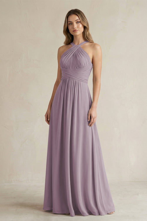 Cross Halter A-Line Pleated Bridesmaid Dress in Dusk | KISSBRIDAL