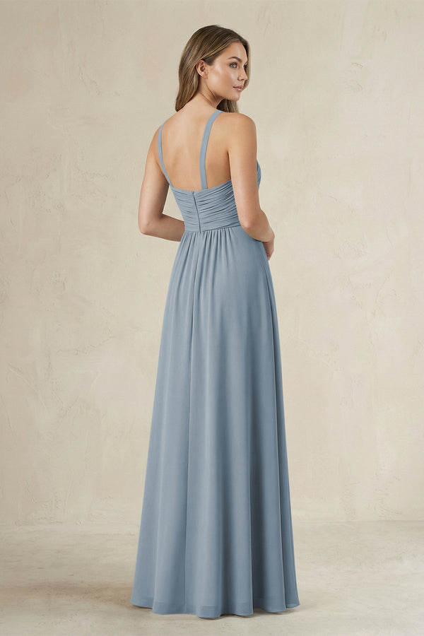 Cross Halter A-Line Pleated Bridesmaid Dress in Dusty Blue (2) | KISSBRIDAL