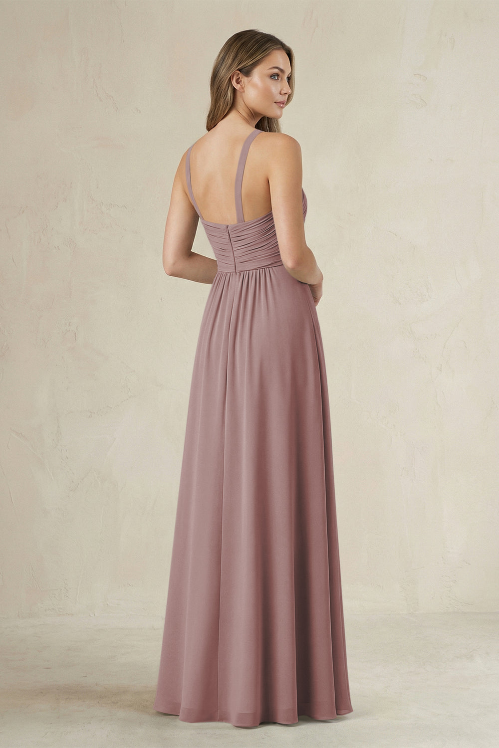 Cross Halter A-Line Pleated Bridesmaid Dress in Dusty Rose