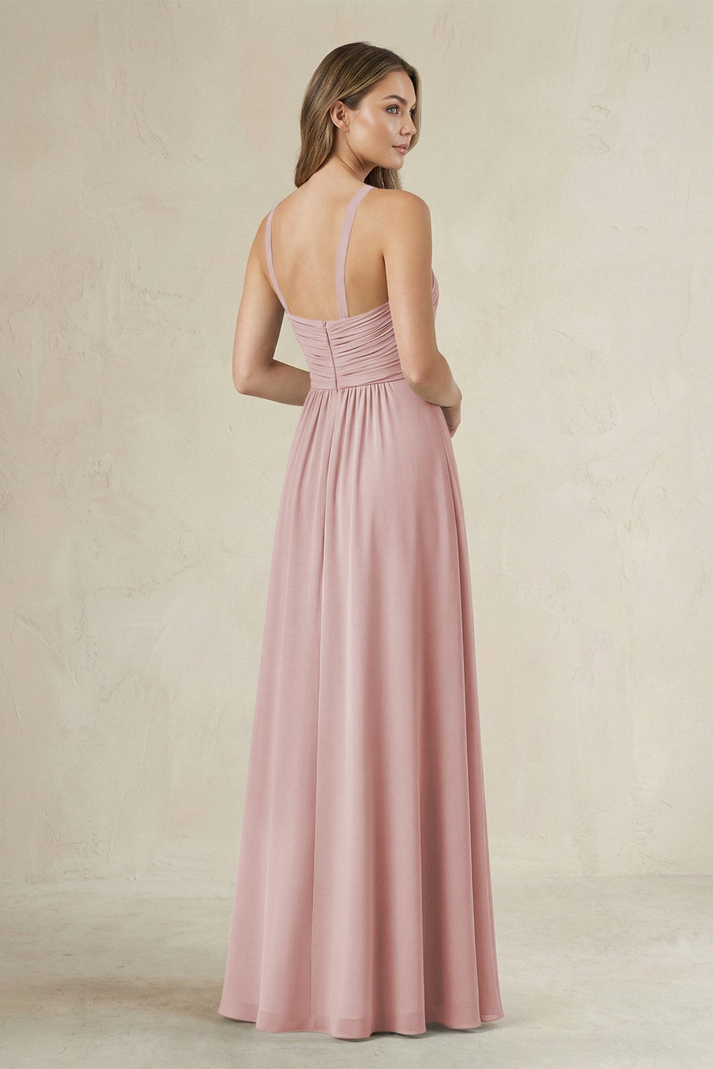 Cross Halter A - Line Pleated Bridesmaid Dress in Dusty Rose - KISS BRIDAL Bridesmaid Dresses