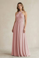 Cross Halter A - Line Pleated Bridesmaid Dress in Dusty Rose - SHE IS ME Bridesmaid Dresses