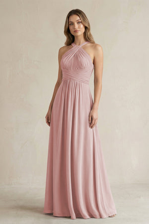 Cross Halter A - Line Pleated Bridesmaid Dress in Dusty Rose - SHE IS ME Bridesmaid Dresses