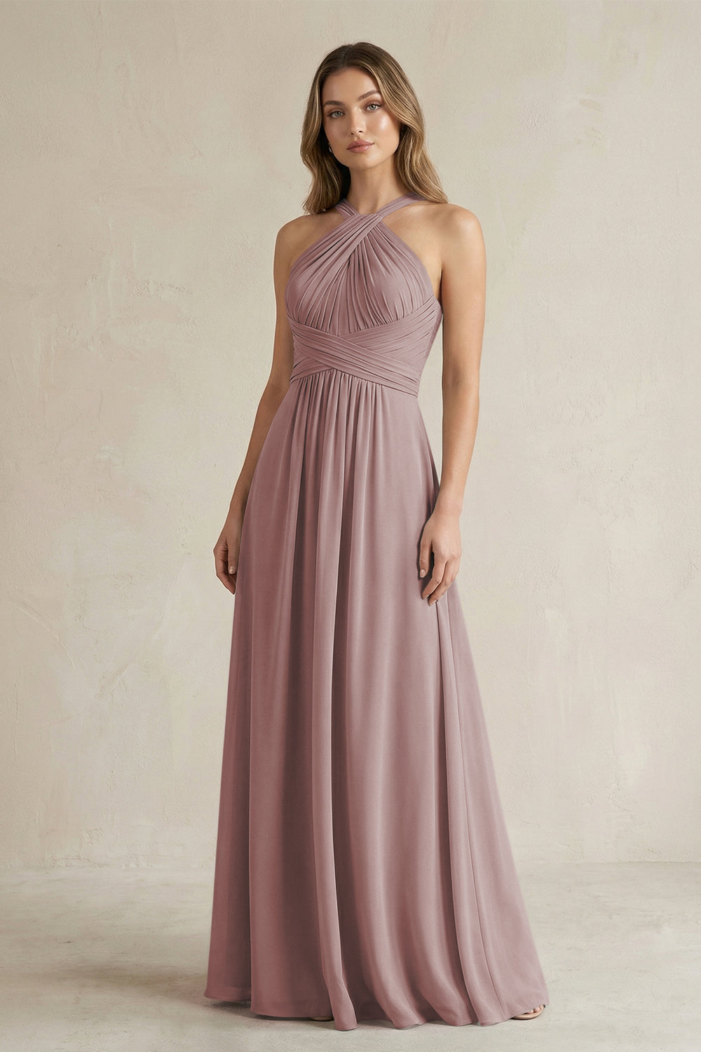 Cross Halter A-Line Pleated Bridesmaid Dress in Dusty Rose