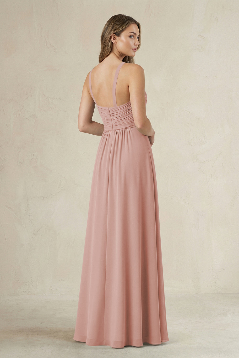 Cross Halter A-Line Pleated Bridesmaid Dress in English Rose