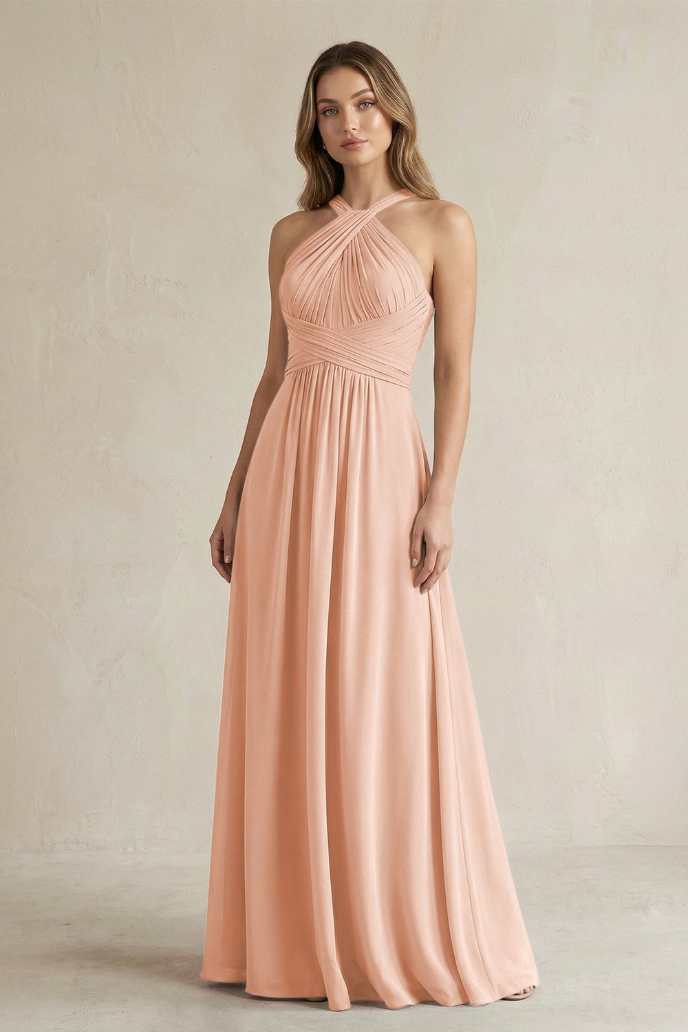Cross Halter A - Line Pleated Bridesmaid Dress in English Rose - KISS BRIDAL Bridesmaid Dresses