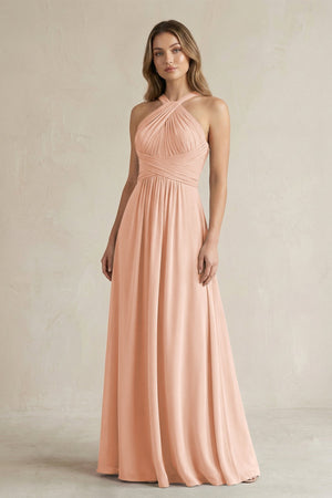 Cross Halter A - Line Pleated Bridesmaid Dress in English Rose - SHE IS ME Bridesmaid Dresses