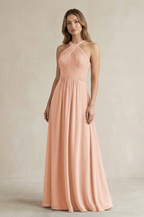 Cross Halter A - Line Pleated Bridesmaid Dress in English Rose - SHE IS ME Bridesmaid Dresses