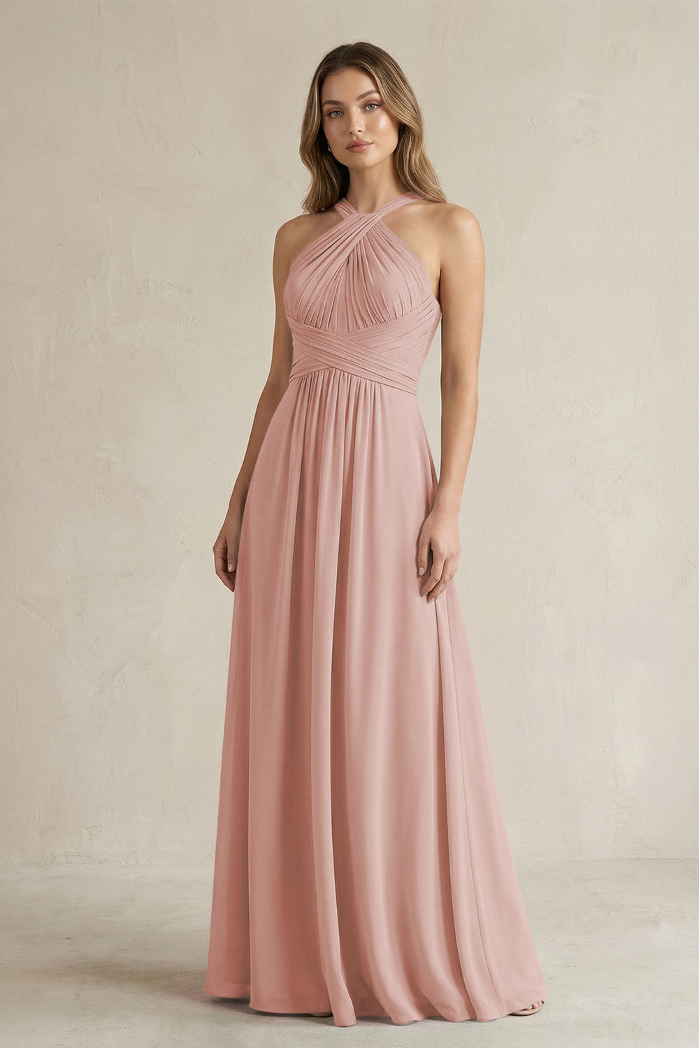 Cross Halter A-Line Pleated Bridesmaid Dress in English Rose