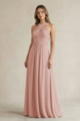 Cross Halter A-Line Pleated Bridesmaid Dress in English Rose | KISSBRIDAL