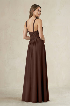 Cross Halter A - Line Pleated Bridesmaid Dress in Espresso - SHE IS ME Bridesmaid Dresses