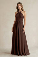 Cross Halter A - Line Pleated Bridesmaid Dress in Espresso - SHE IS ME Bridesmaid Dresses
