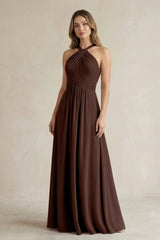 Cross Halter A - Line Pleated Bridesmaid Dress in Espresso - KISS BRIDAL Bridesmaid Dresses