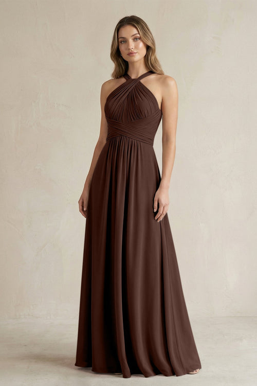 Cross Halter A - Line Pleated Bridesmaid Dress in Espresso - SHE IS ME Bridesmaid Dresses
