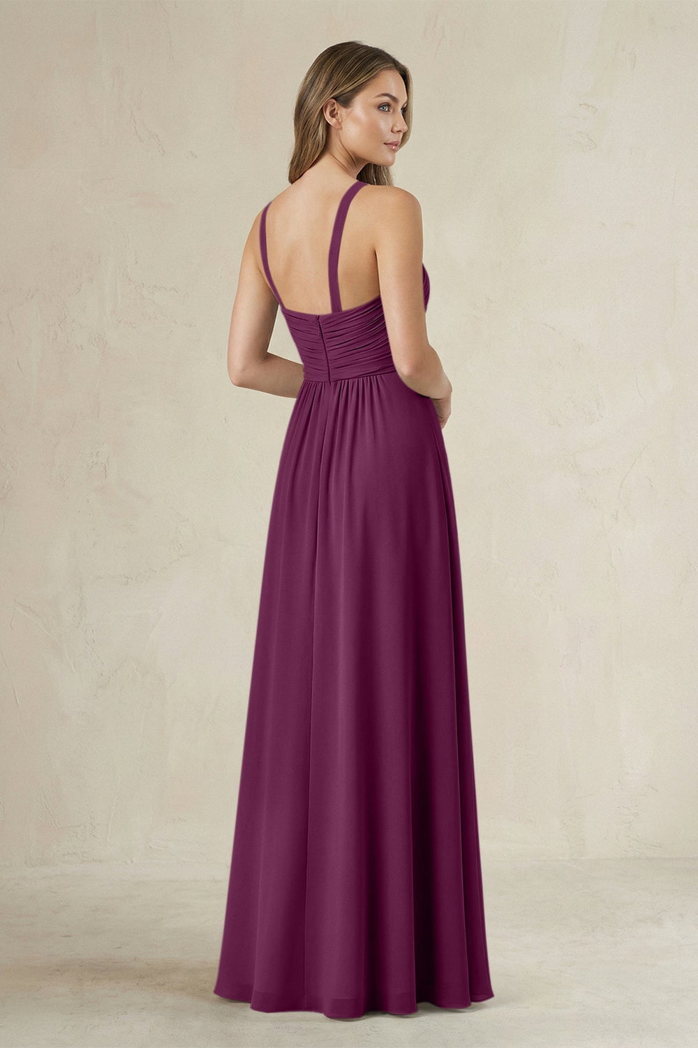 Cross Halter A - Line Pleated Bridesmaid Dress in Fig - KISS BRIDAL Bridesmaid Dresses