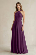 Cross Halter A-Line Pleated Bridesmaid Dress in Fig | KISSBRIDAL